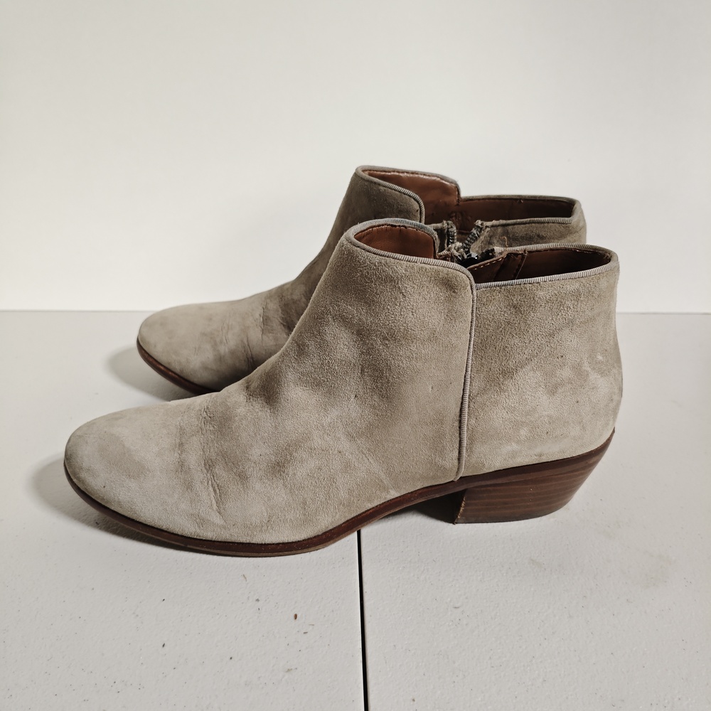 Sam Edelman Petty Boots Womens Size 7.5 Beige Suede Ankle Zip Block Heel Booties
